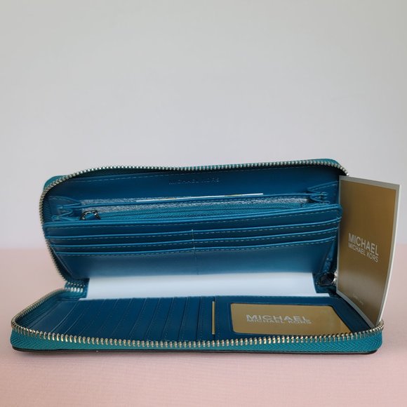 MICHAEL KORS Jet Set Travel Large Continental Pebbled Leather Wallet-Lagoon⭐ - Picture 13 of 16